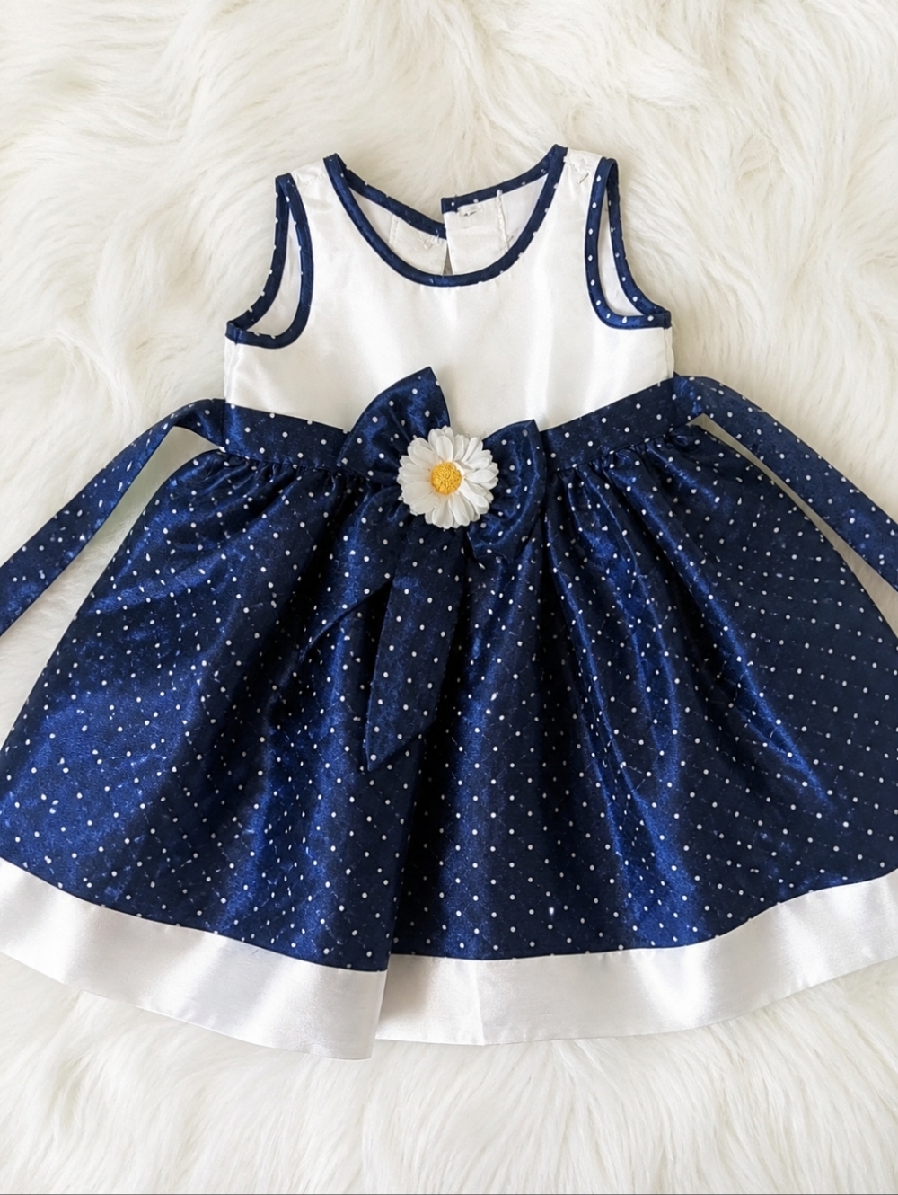 Vintage 24M Navy Ivory Satin Party Dress Polka Dot Daisy Bow Formal Dress - Picture 1 of 1